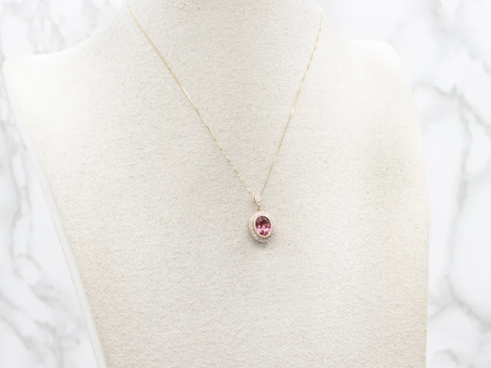 Eigentijds Rose Gold Pink Tourmaline Diamond Double Sided Halo Pendant