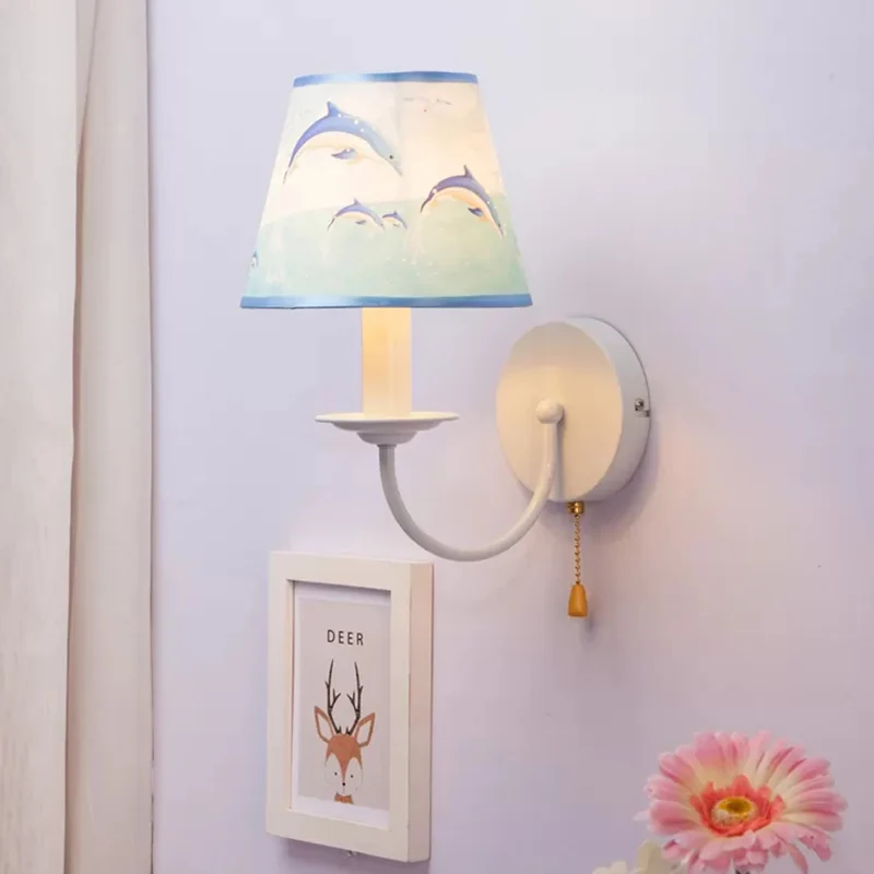 Fabric Tapered Shade Wall Light Pull Chain Dining Room One Light Modern Sconce Light Blauw Blue