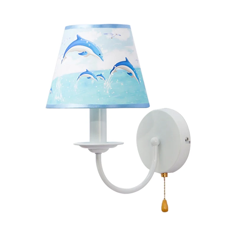 Fabric Tapered Shade Wall Light Pull Chain Dining Room One Light Modern Sconce Light Blauw Blue