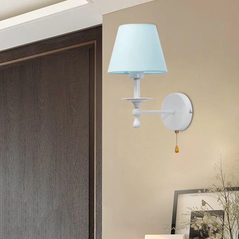 Fabric Tapered Shade Wall Light Pull Chain Dining Room One Light Modern Sconce Light Blauw Blue