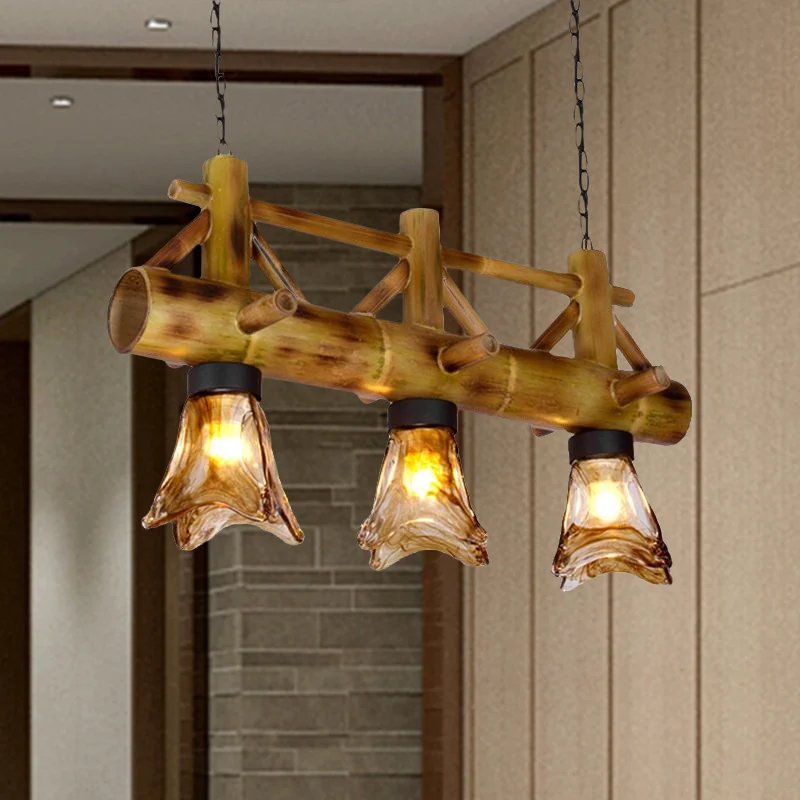 Flared Pendant Light Bamboevezel Lodge 2 Heads Island Lighting Amber Glass Shade Amber