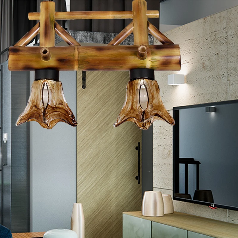 Flared Pendant Light Bamboevezel Lodge 2 Heads Island Lighting Amber Glass Shade Amber