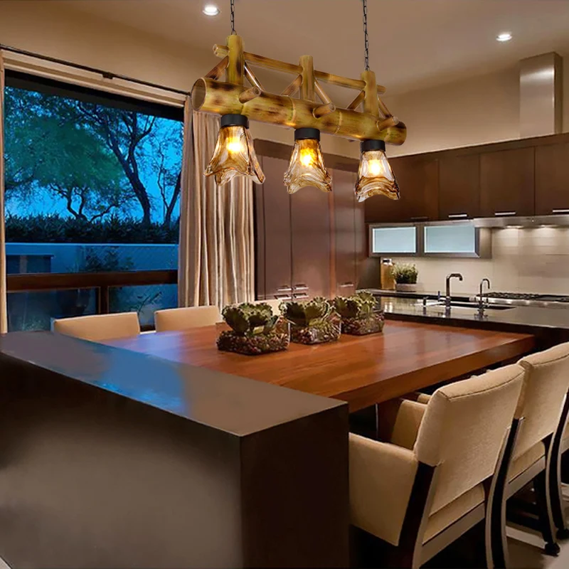 Flared Pendant Light Bamboevezel Lodge 2 Heads Island Lighting Amber Glass Shade Amber