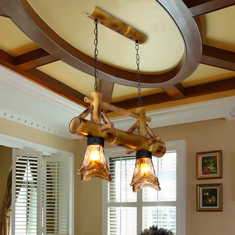 Flared Pendant Light Bamboevezel Lodge 2 Heads Island Lighting Amber Glass Shade Amber