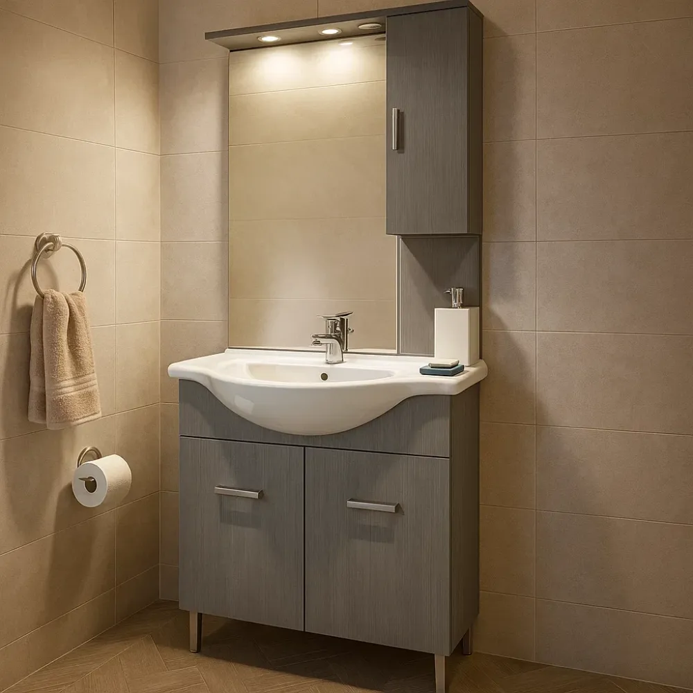 Floor-standing bathroom cabinet two doors, sink, mirror, and wall cabinet model Jour laminated grijs larch finish