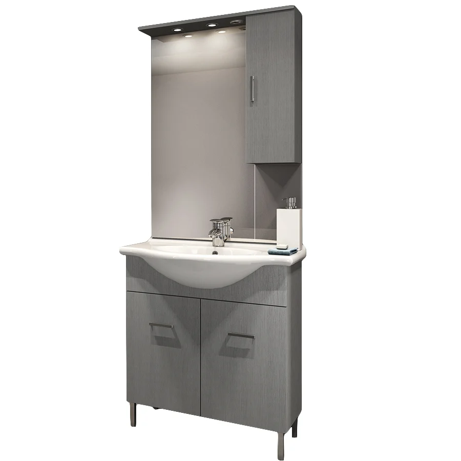 Floor-standing bathroom cabinet two doors, sink, mirror, and wall cabinet model Jour laminated grijs larch finish