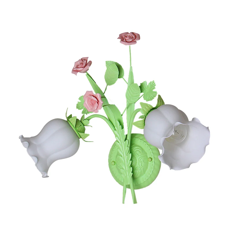 Floral Sconce Light Landelijk 2-lichts opaal glazen wandlamp met Bloom Deco groen/wit/roze