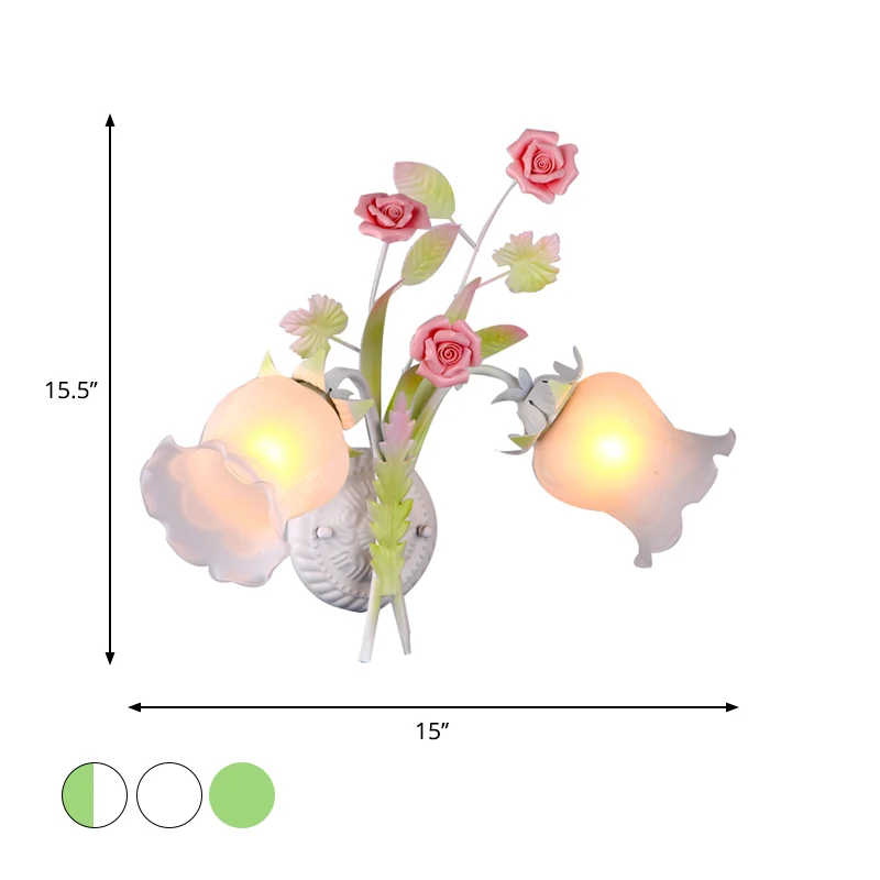 Floral Sconce Light Landelijk 2-lichts opaal glazen wandlamp met Bloom Deco groen/wit/roze
