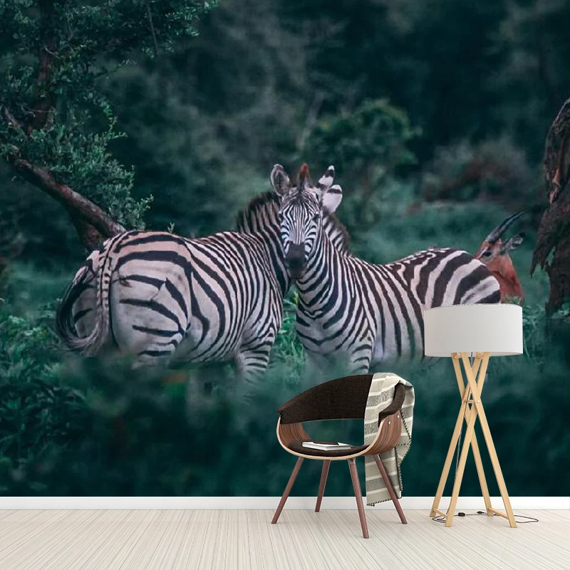 Full Modern Wall Mural Decal Green Double Zebras Wall Covering, Op naam Size Available Green
