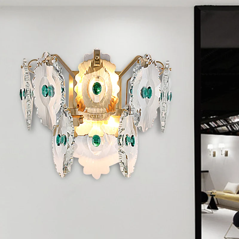 Gear Helder Crystal Wall Mounted Light Postmodern 2 Lights Sconce Light Green/Gold Gem Gold
