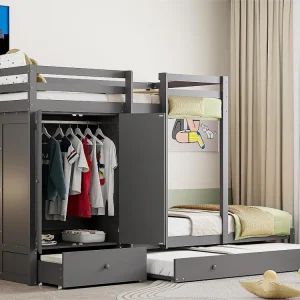 Gecombineerd stapelbed 2x90x200 cm + onderschuifbed 90x190 cm - met 1 kledingkast, 2 lades en planken - Grijs