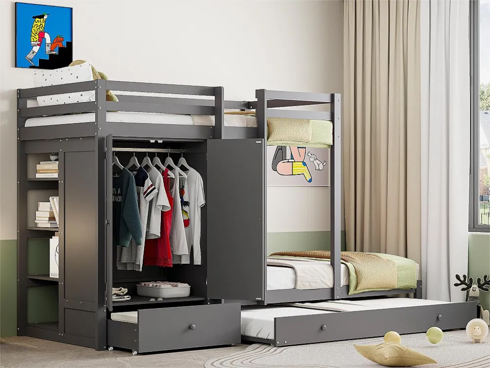 Gecombineerd stapelbed 2x90x200 cm + onderschuifbed 90x190 cm - met 1 kledingkast, 2 lades en planken - Grijs
