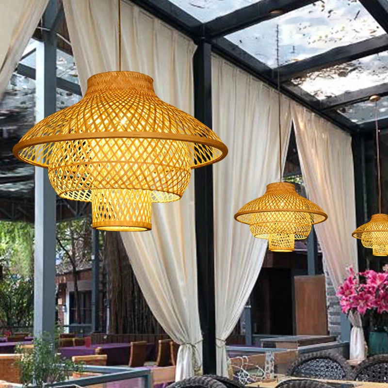 Gelaagde bamboe hanglamp Eenvoud 1-lichts houten hanglamp voor restaurant