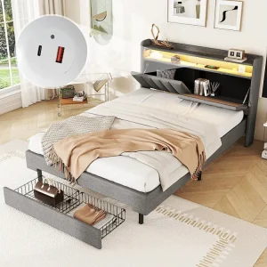 Gestoffeerd bed 140 x 200 cm met 2 laden, USB-aansluiting en LED's - opklapbaar hoofdeinde - linnen stof - grijze kleur