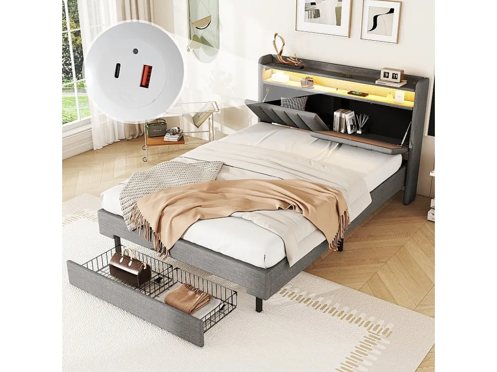 Gestoffeerd bed 140 x 200 cm met 2 laden, USB-aansluiting en LED's - opklapbaar hoofdeinde - linnen stof - grijze kleur