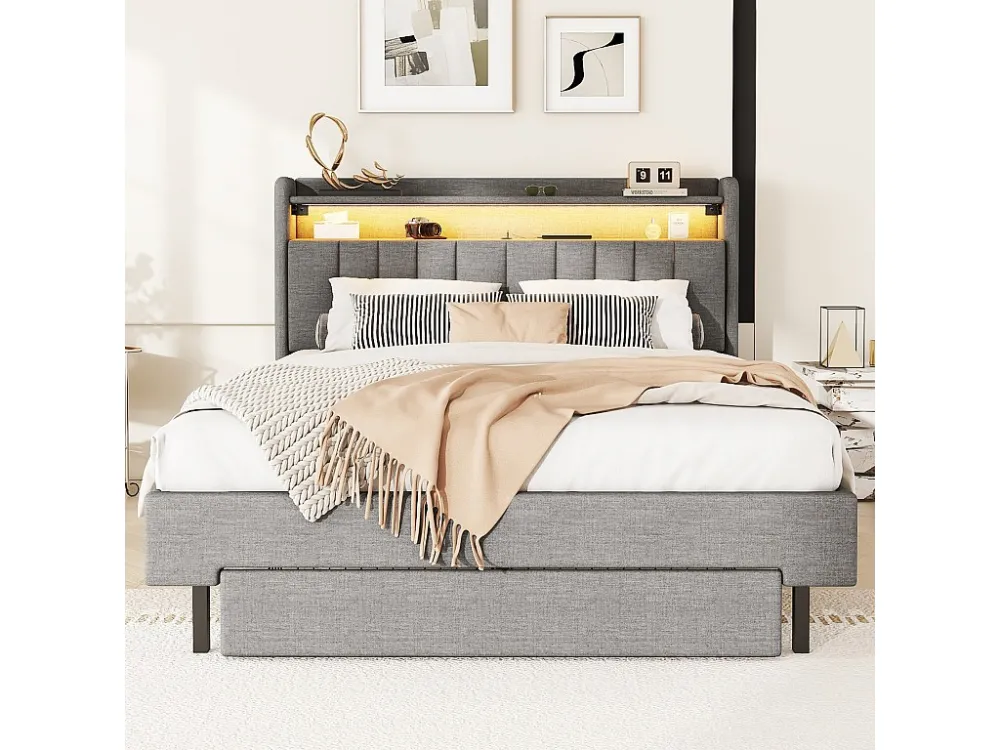 Gestoffeerd bed 140 x 200 cm met 2 laden, USB-aansluiting en LED's - opklapbaar hoofdeinde - linnen stof - grijze kleur