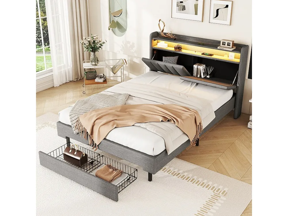 Gestoffeerd bed 140 x 200 cm met 2 laden, USB-aansluiting en LED's - opklapbaar hoofdeinde - linnen stof - grijze kleur