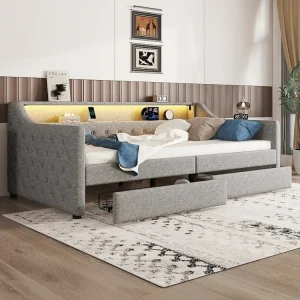 Gestoffeerd bed 90 x 200 cm met hoofdeinde - LED's - 2 laden, USB-oplaadaansluiting en opbergplank - linnen stof - gr...