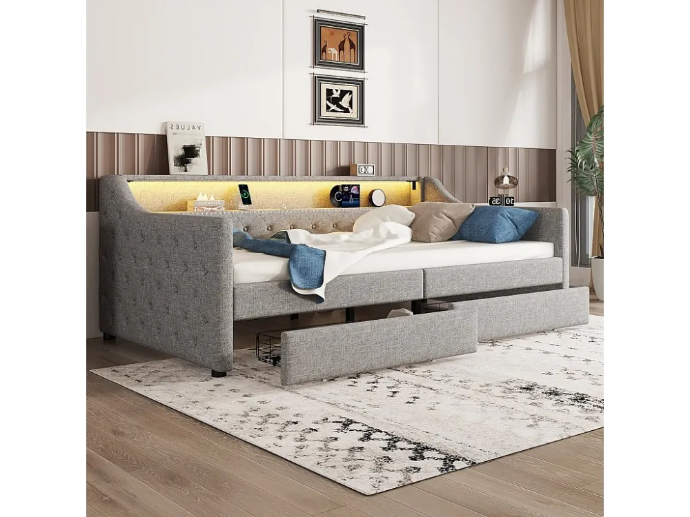 Gestoffeerd bed 90 x 200 cm met hoofdeinde - LED's - 2 laden, USB-oplaadaansluiting en opbergplank - linnen stof - gr...