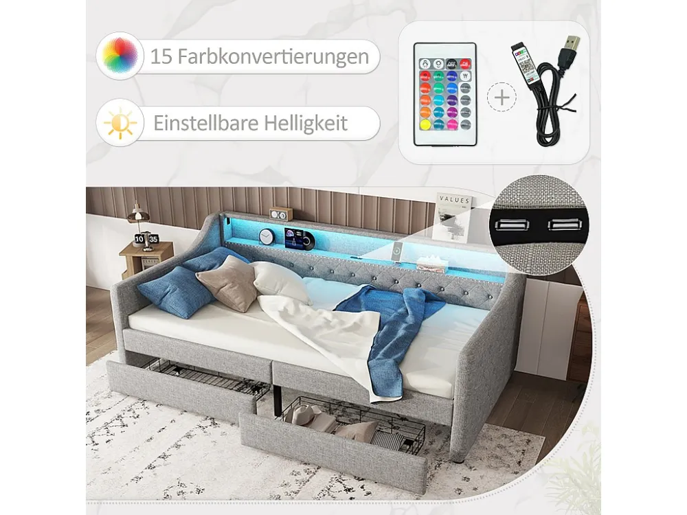 Gestoffeerd bed 90 x 200 cm met hoofdeinde - LED's - 2 laden, USB-oplaadaansluiting en opbergplank - linnen stof - gr...