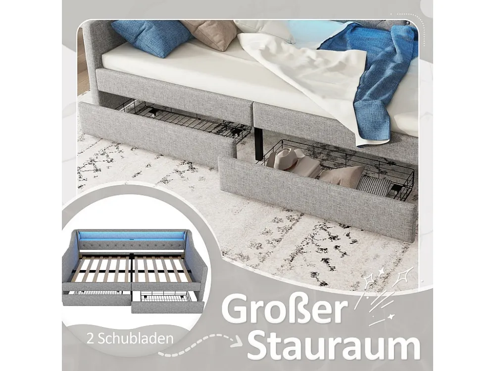Gestoffeerd bed 90 x 200 cm met hoofdeinde - LED's - 2 laden, USB-oplaadaansluiting en opbergplank - linnen stof - gr...