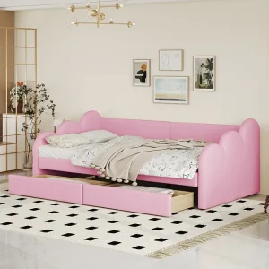 Gestoffeerd bed 90 x 200 cm met 2 laden, rugleuning en armleuningen, bekleed met kunstleer, roze