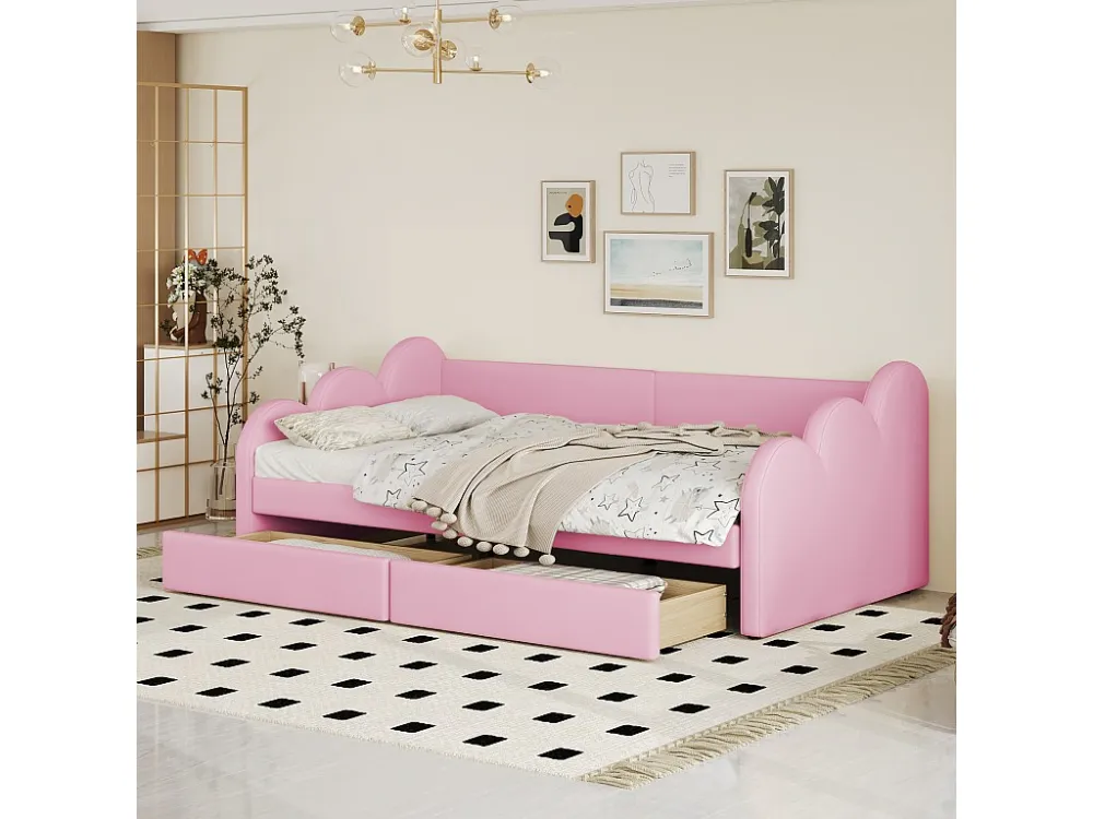 Gestoffeerd bed 90 x 200 cm met 2 laden, rugleuning en armleuningen, bekleed met kunstleer, roze