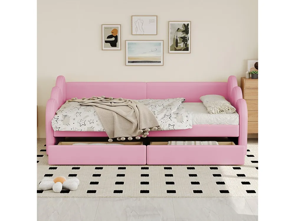 Gestoffeerd bed 90 x 200 cm met 2 laden, rugleuning en armleuningen, bekleed met kunstleer, roze