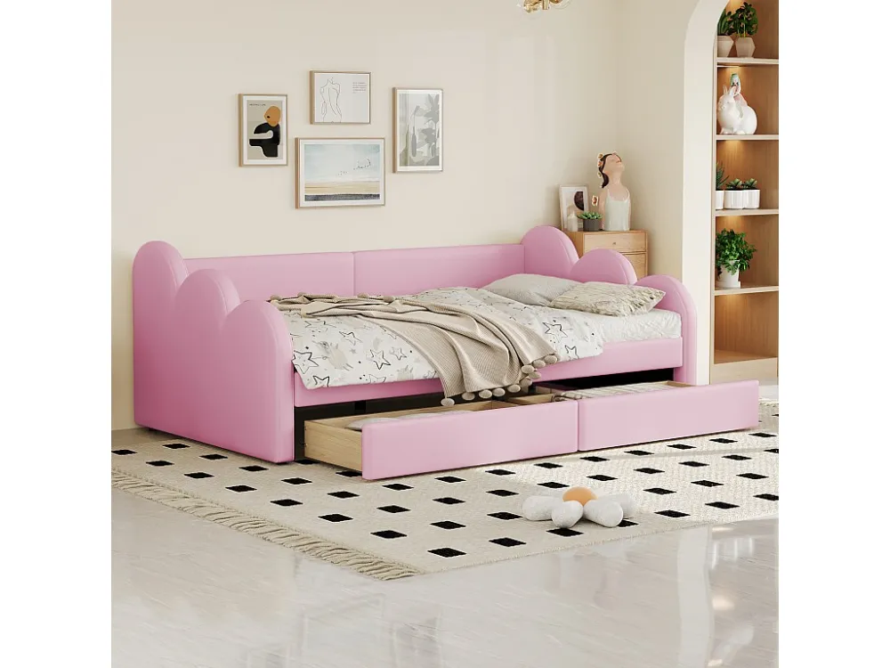 Gestoffeerd bed 90 x 200 cm met 2 laden, rugleuning en armleuningen, bekleed met kunstleer, roze