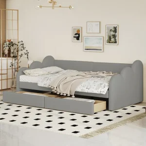 Gestoffeerd bed 90 x 200 cm met 2 laden, rugleuning en armleuningen, gestoffeerd kunstleer, grijs