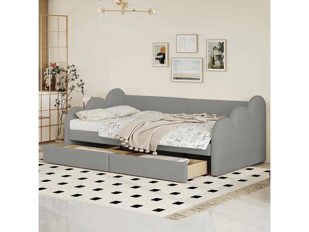 Gestoffeerd bed 90 x 200 cm met 2 laden, rugleuning en armleuningen, gestoffeerd kunstleer, grijs