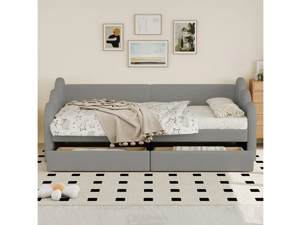 Gestoffeerd bed 90 x 200 cm met 2 laden, rugleuning en armleuningen, gestoffeerd kunstleer, grijs
