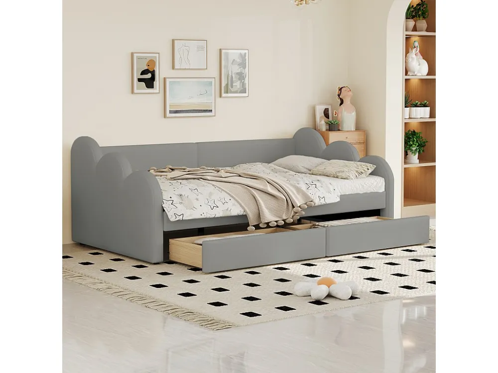 Gestoffeerd bed 90 x 200 cm met 2 laden, rugleuning en armleuningen, gestoffeerd kunstleer, grijs