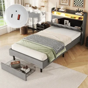Gestoffeerd bed 90 x 200 cm met 2 laden, USB-aansluiting en LED's - opklapbaar hoofdeinde - linnen stof - grijze kleur