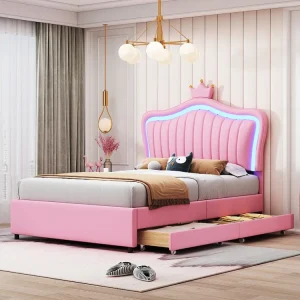 Gestoffeerd bed 90 x 200 met 2 lades - Gestoffeerd PU leer - Kroonvormig hoofdeinde - Roze