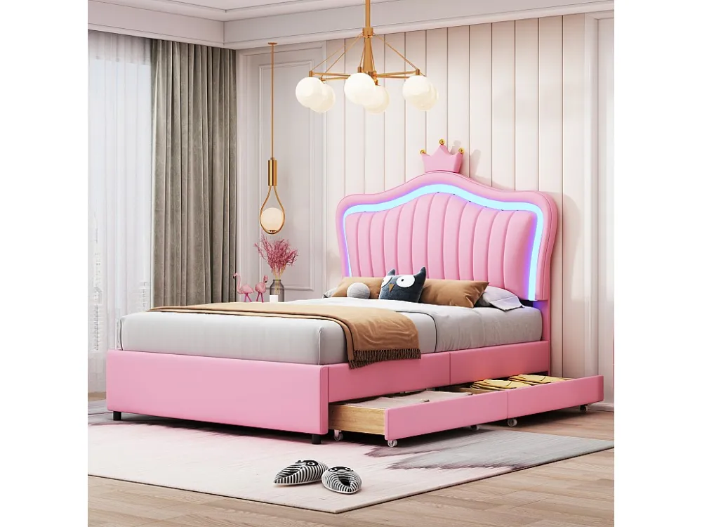Gestoffeerd bed 90 x 200 met 2 lades - Gestoffeerd PU leer - Kroonvormig hoofdeinde - Roze