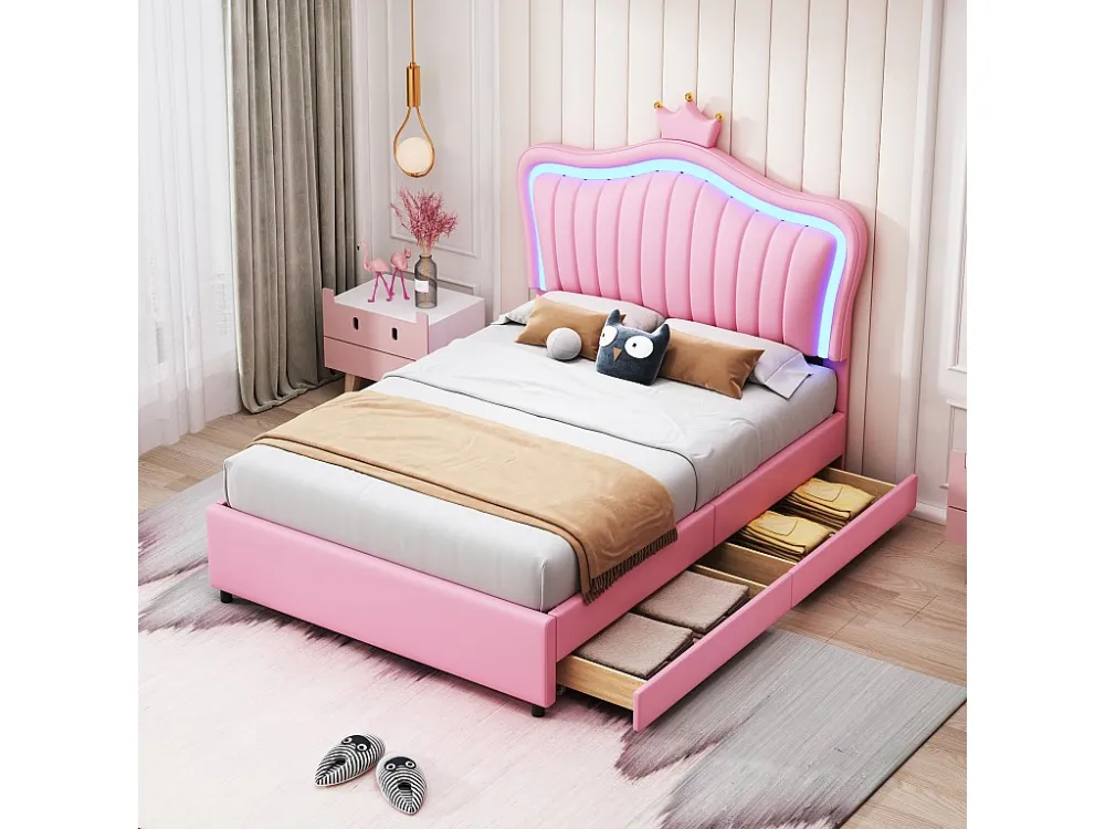 Gestoffeerd bed 90 x 200 met 2 lades - Gestoffeerd PU leer - Kroonvormig hoofdeinde - Roze