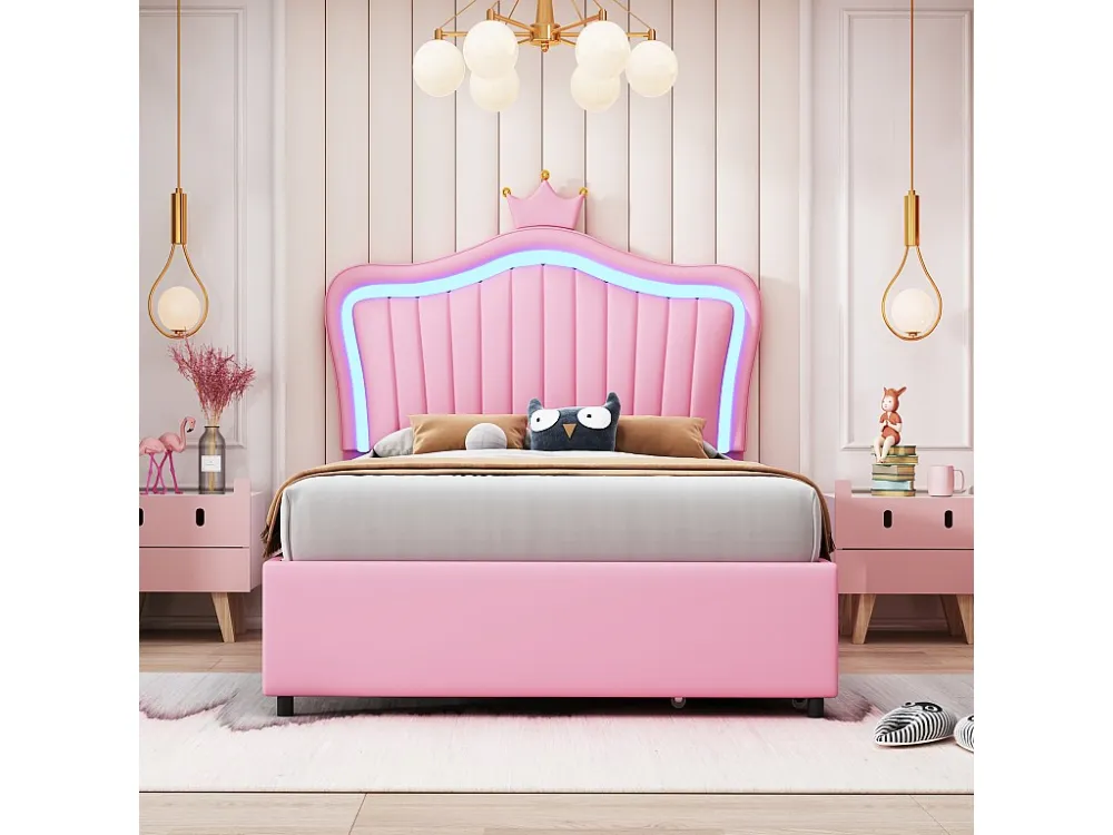 Gestoffeerd bed 90 x 200 met 2 lades - Gestoffeerd PU leer - Kroonvormig hoofdeinde - Roze