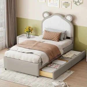 Gestoffeerd bed 90 x 200 met 2 lades - Gestoffeerd PU leer - Hoofdeinde met oren - Lattenbodem - Grijs