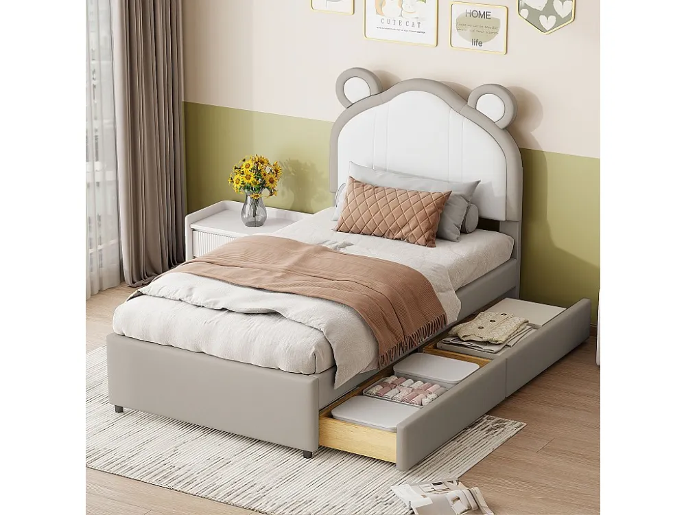 Gestoffeerd bed 90 x 200 met 2 lades - Gestoffeerd PU leer - Hoofdeinde met oren - Lattenbodem - Grijs