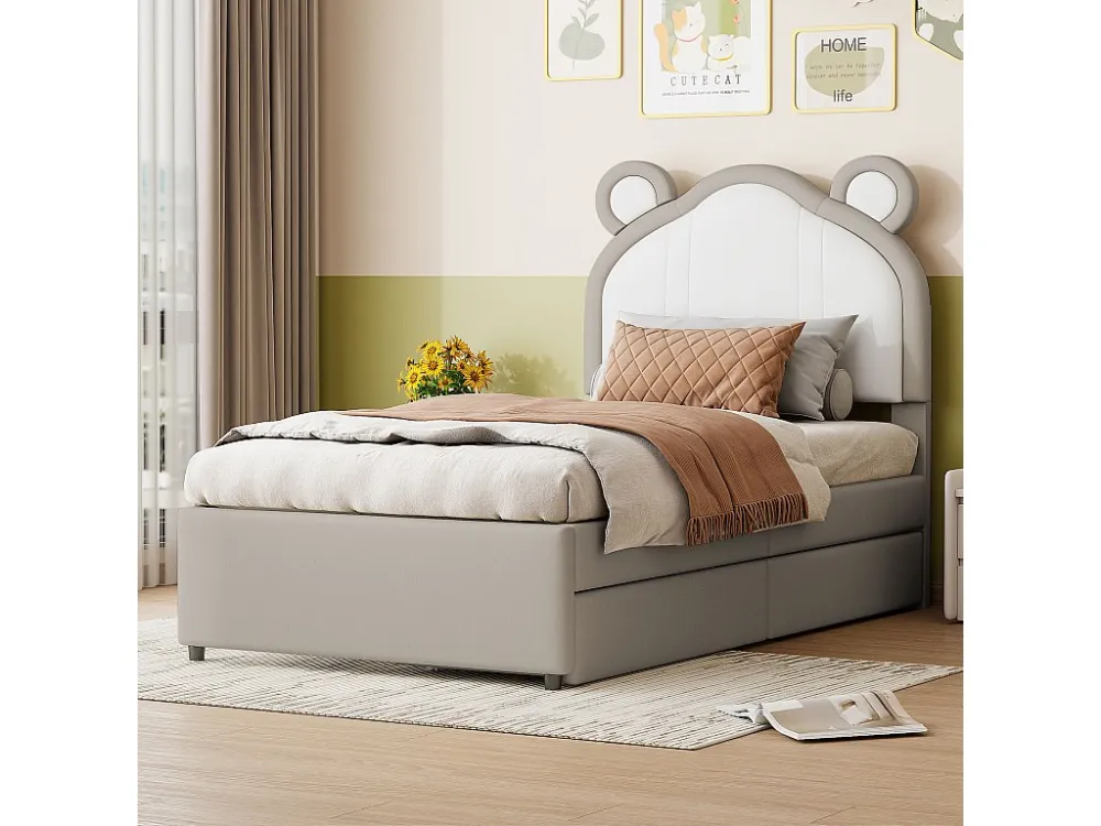 Gestoffeerd bed 90 x 200 met 2 lades - Gestoffeerd PU leer - Hoofdeinde met oren - Lattenbodem - Grijs
