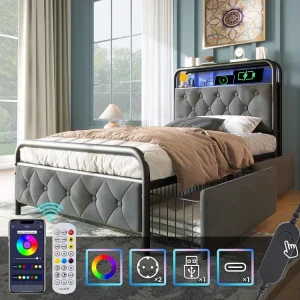 Gestoffeerd bed 90 x 200 cm met 2 lades en opberghoofdeinde - USB Type C stopcontacten en LED's - Fluweel - Grijs (zo...