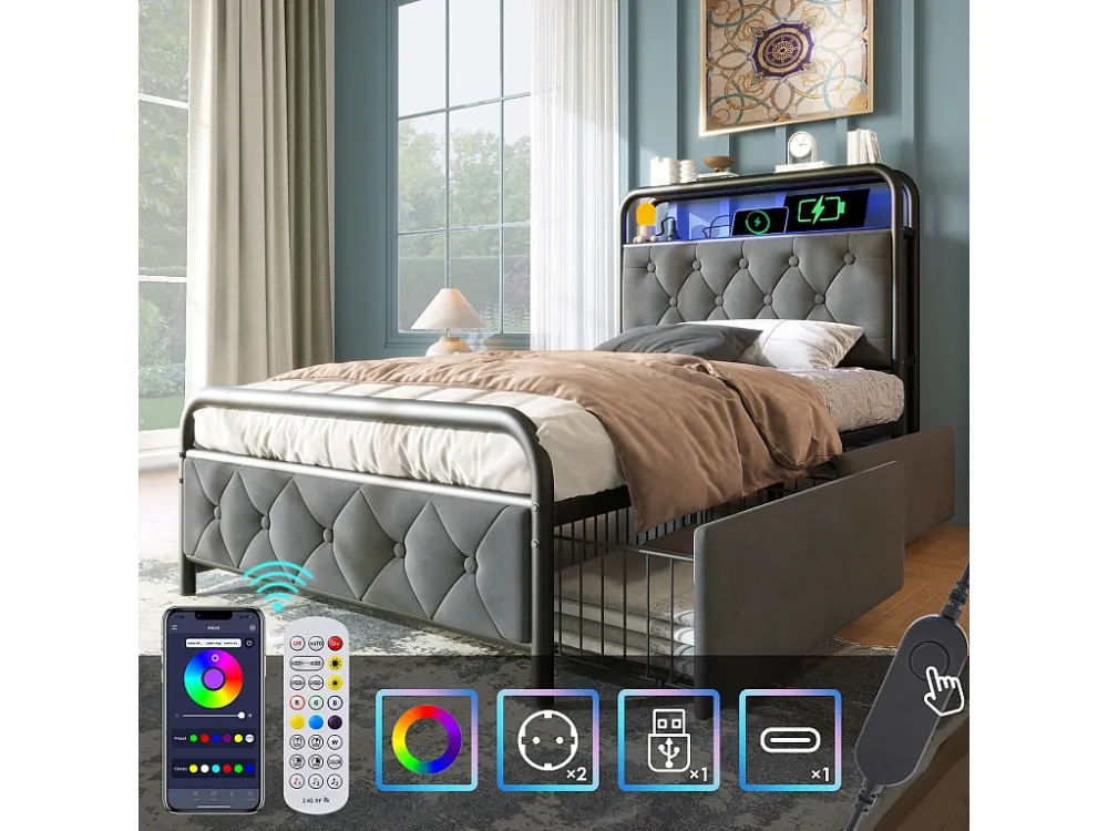 Gestoffeerd bed 90 x 200 cm met 2 lades en opberghoofdeinde - USB Type C stopcontacten en LED's - Fluweel - Grijs (zo...