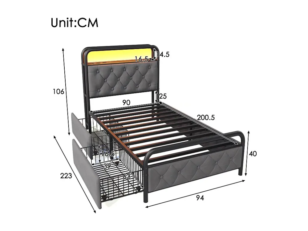 Gestoffeerd bed 90 x 200 cm met 2 lades en opberghoofdeinde - USB Type C stopcontacten en LED's - Fluweel - Grijs (zo...