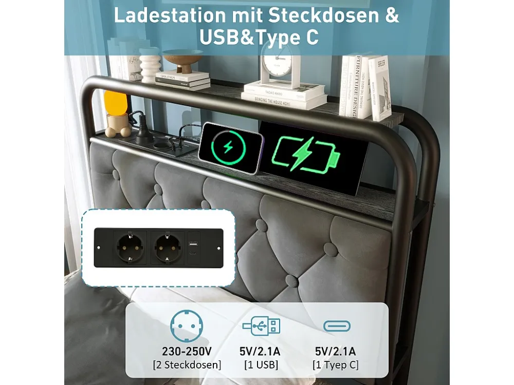 Gestoffeerd bed 90 x 200 cm met 2 lades en opberghoofdeinde - USB Type C stopcontacten en LED's - Fluweel - Grijs (zo...