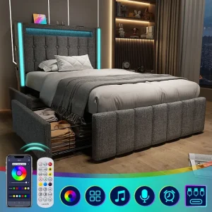 Gestoffeerd bed 90 x 200 cm met 2 lades - USB, Type C stopcontacten en LED verlichting - Linnenstof - Grijs (zonder matras)