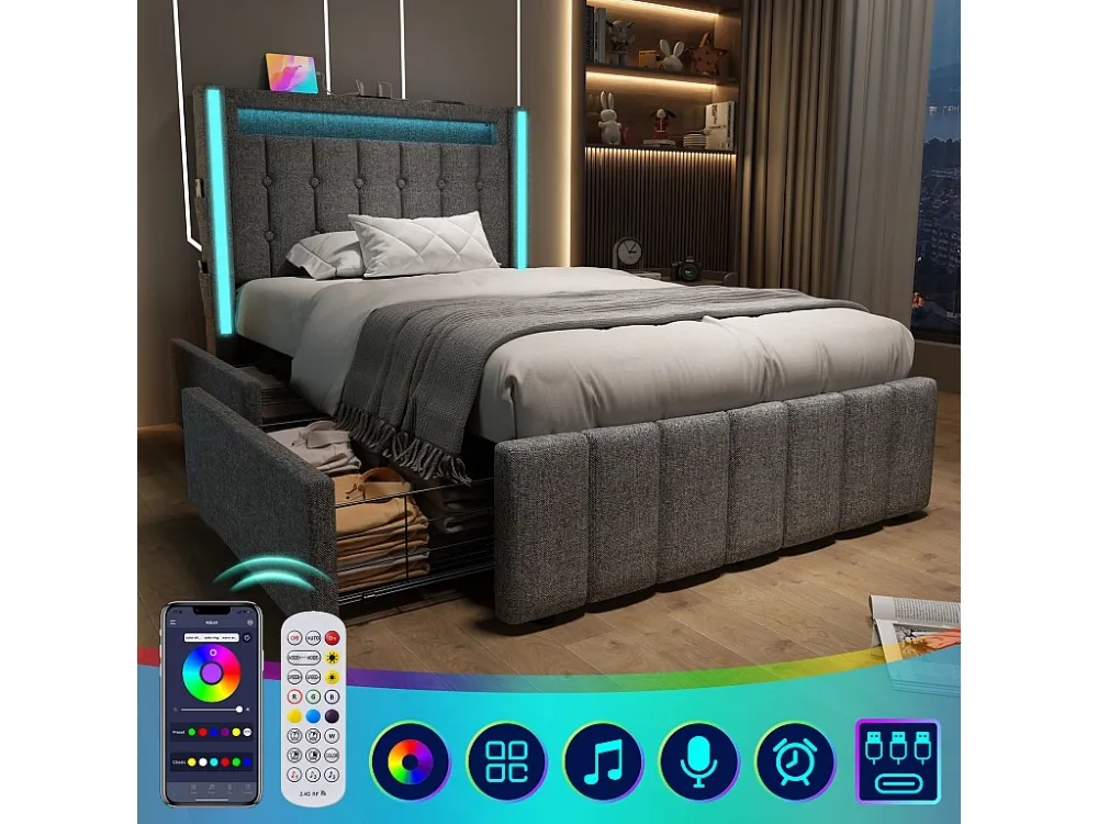 Gestoffeerd bed 90 x 200 cm met 2 lades - USB, Type C stopcontacten en LED verlichting - Linnenstof - Grijs (zonder matras)