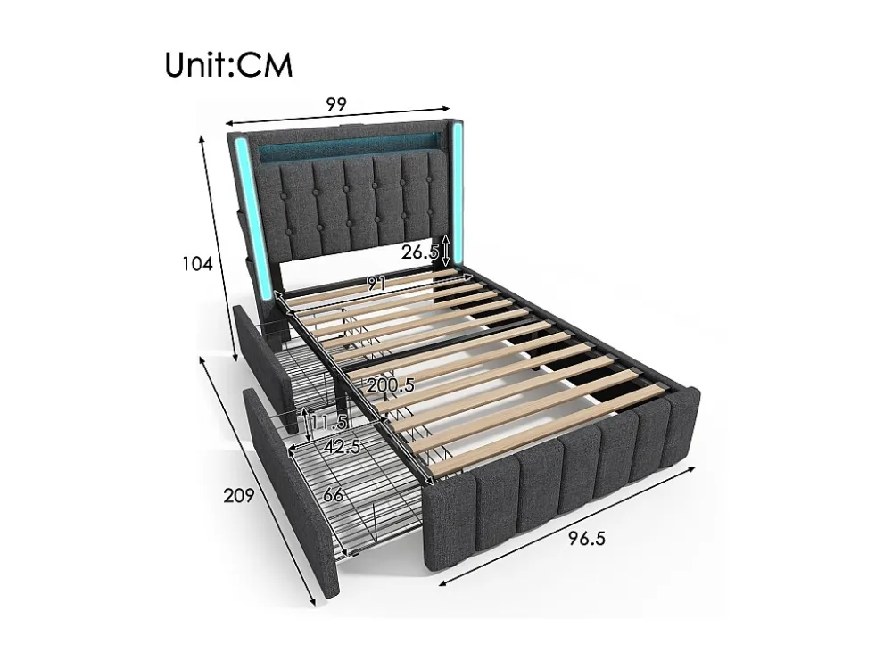 Gestoffeerd bed 90 x 200 cm met 2 lades - USB, Type C stopcontacten en LED verlichting - Linnenstof - Grijs (zonder matras)