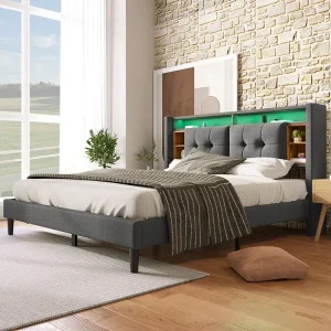 Gestoffeerd bed, tweepersoonsbed, hoofdeinde met USB-oplader en LED-verlichting, houten lattenbodem, 140 x 200 cm, grijs (...
