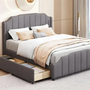 Gestoffeerd eenpersoonsbed 140x200cm - fluwelen stof - 2 lades - Grijs